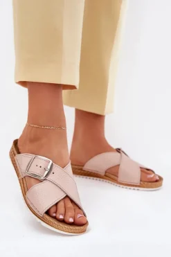 Klapki Na Platformie|Klapki Damskie Klasyczne>INBLU Skórzane Klapki Damskie Z Klamrą VO0004GU Różowe Różowy