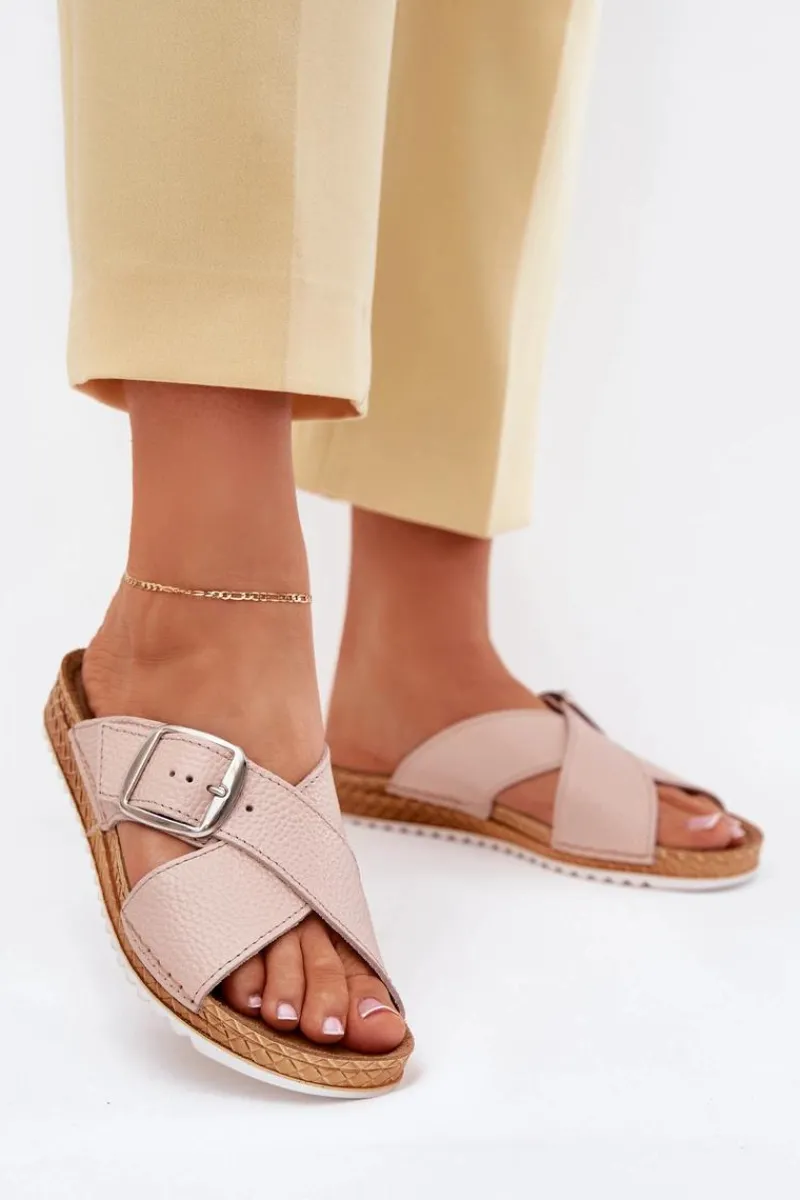 Klapki Na Platformie|Klapki Damskie Klasyczne>INBLU Skórzane Klapki Damskie Z Klamrą VO0004GU Różowe Różowy