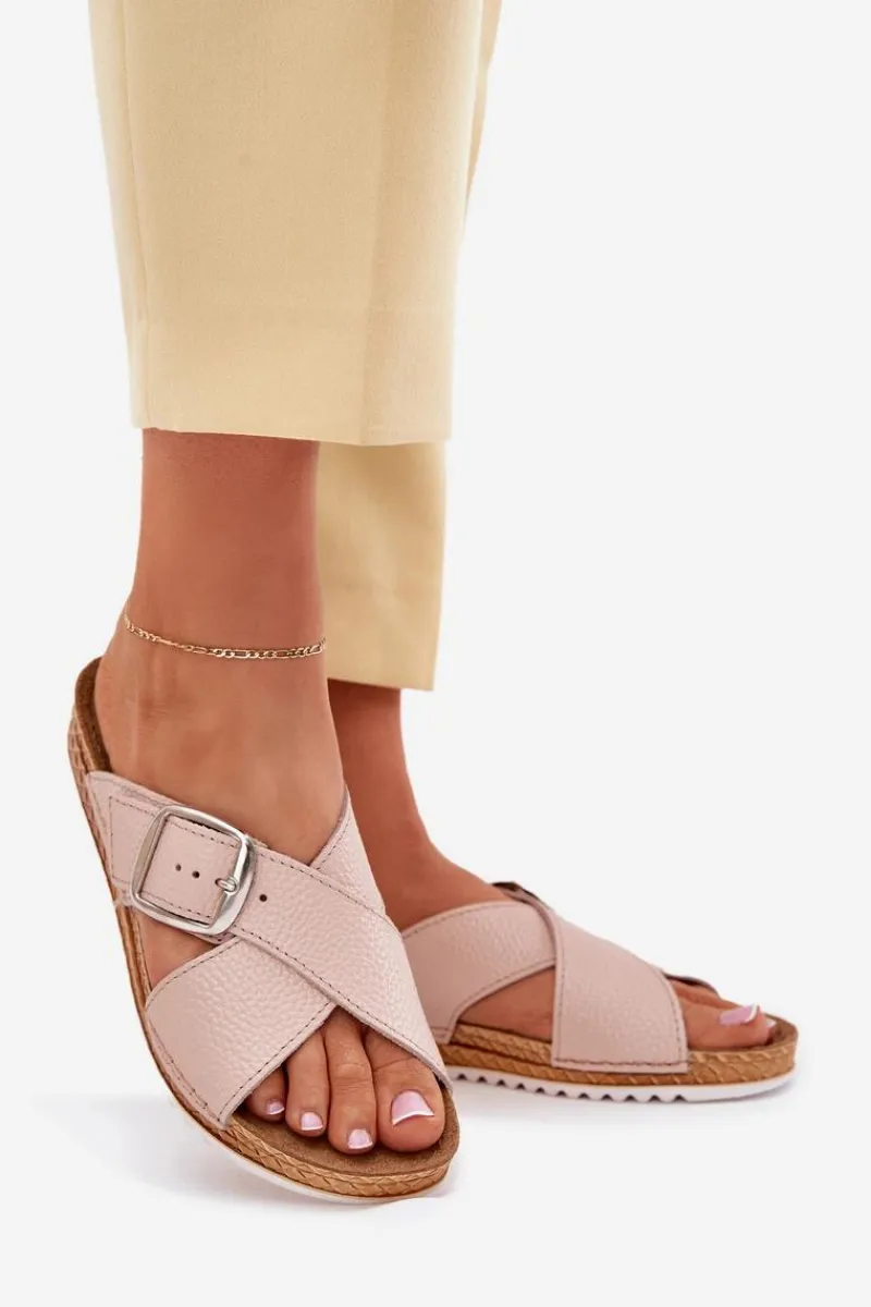 Klapki Na Platformie|Klapki Damskie Klasyczne>INBLU Skórzane Klapki Damskie Z Klamrą VO0004GU Różowe Różowy