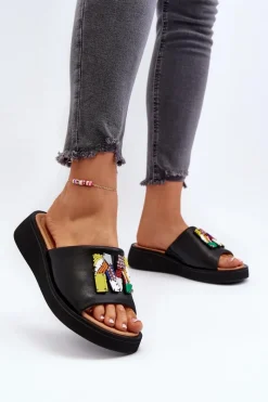 Klapki Na Platformie|Klapki Damskie Klasyczne>Buty damskie Vinceza Skórzane Klapki Damskie Z Ozdobą Czarne Asames Czarny