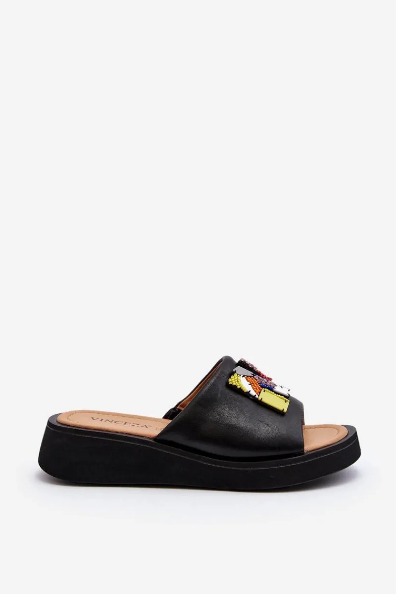 Klapki Na Platformie|Klapki Damskie Klasyczne>Buty damskie Vinceza Skórzane Klapki Damskie Z Ozdobą Czarne Asames Czarny