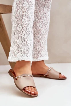 Sale Skórzane Klapki Lewski Shoes 3047 Ciemnobeżowe Damskie Klapki Damskie Klasyczne