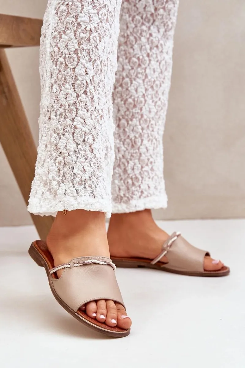 Sale Skórzane Klapki Lewski Shoes 3047 Ciemnobeżowe Damskie Klapki Damskie Klasyczne