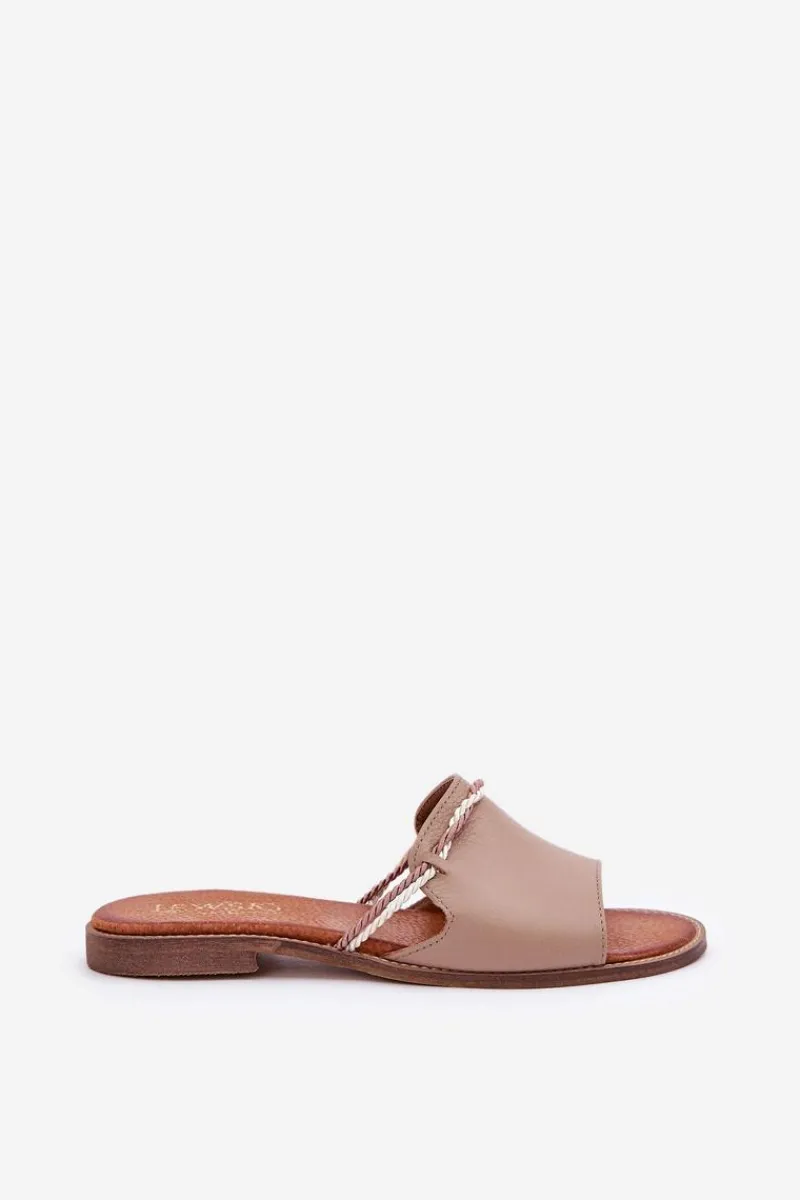 Sale Skórzane Klapki Lewski Shoes 3047 Ciemnobeżowe Damskie Klapki Damskie Klasyczne