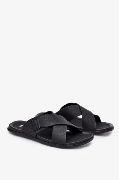 Sale Big Star Shoes Skórzane Klapki Męskie Z Klamrą Big Star RR174076 Czarne Czarny