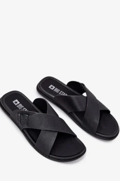 Sale Big Star Shoes Skórzane Klapki Męskie Z Klamrą Big Star RR174076 Czarne Czarny