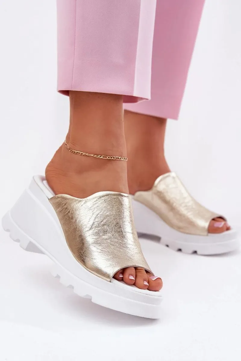 Klapki Na Koturnie|Klapki Damskie Klasyczne>Boto Skórzane Klapki Na Koturnie Artiker 56C0435 Złote