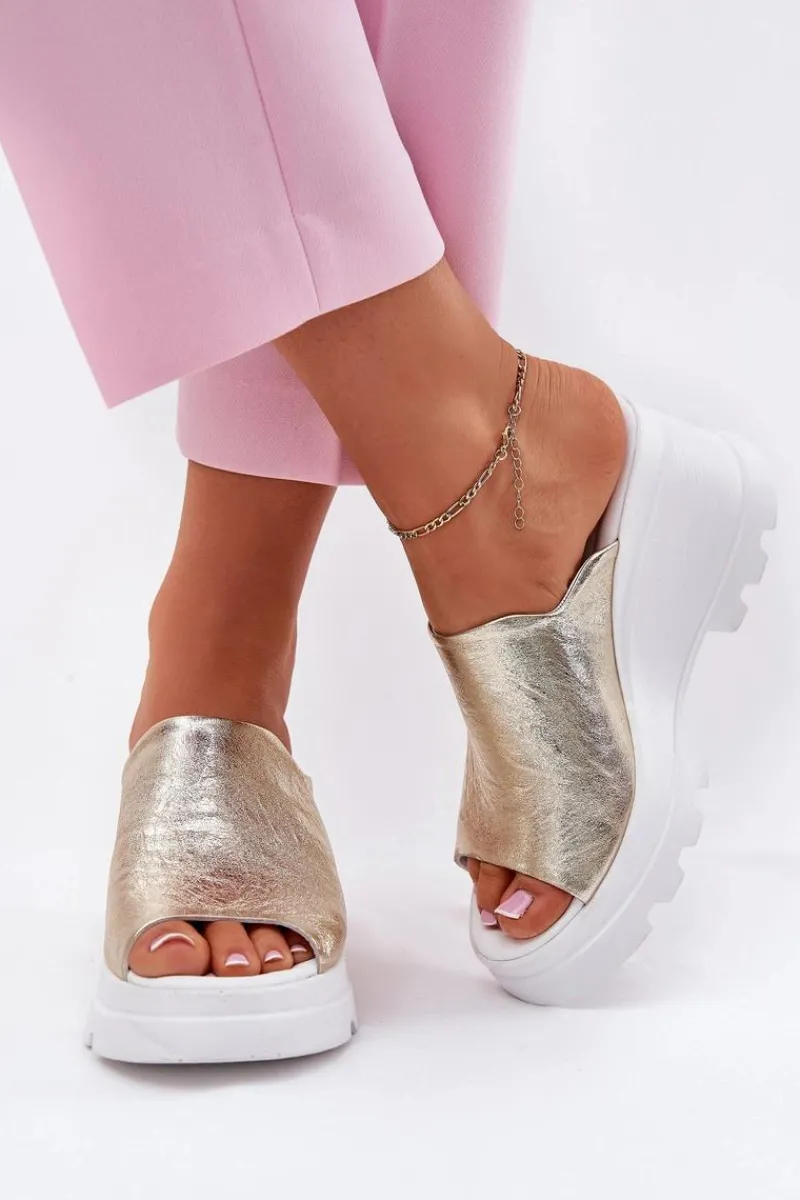 Klapki Na Koturnie|Klapki Damskie Klasyczne>Boto Skórzane Klapki Na Koturnie Artiker 56C0435 Złote