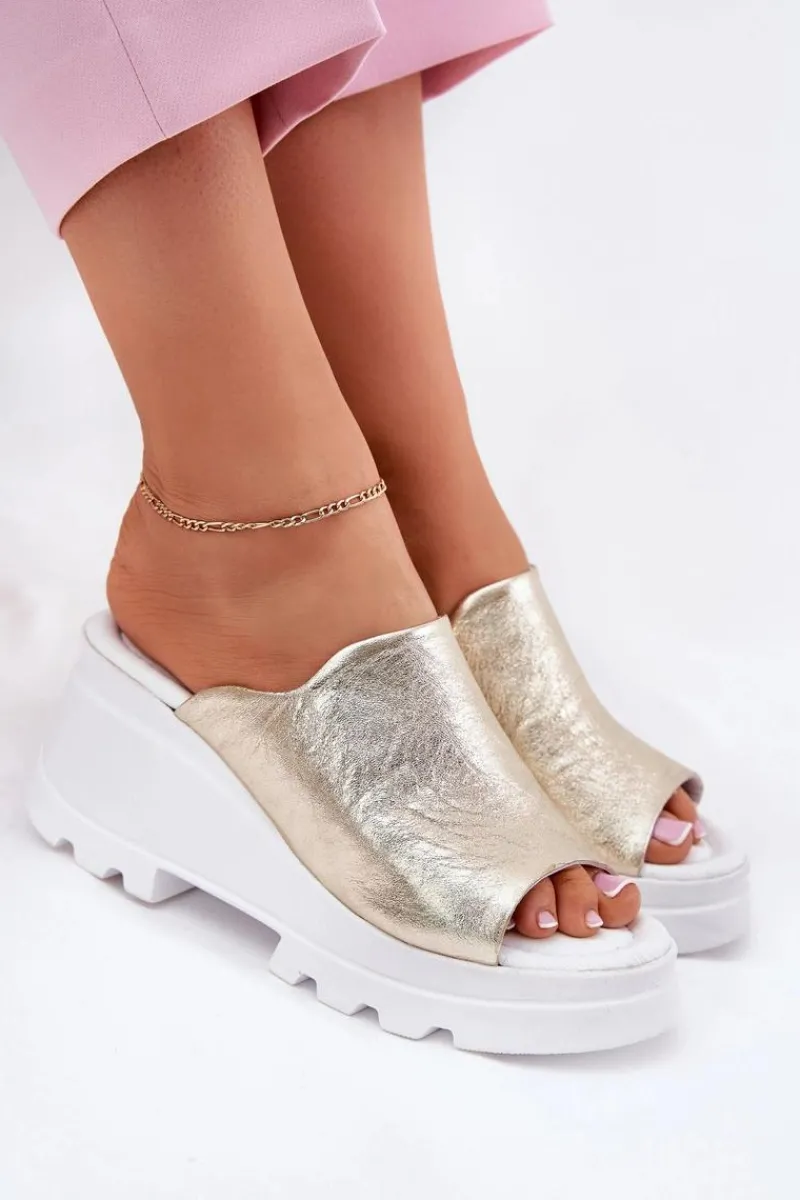 Klapki Na Koturnie|Klapki Damskie Klasyczne>Boto Skórzane Klapki Na Koturnie Artiker 56C0435 Złote