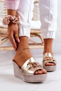 Sale Boto Skórzane Klapki Na Koturnie Lewski 3062 Złote