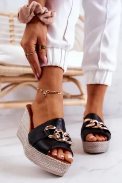 Sale Skórzane Klapki Na Koturnie Lewski 3062 Czarne Damskie Klapki Na Koturnie|Klapki Na Obcasie