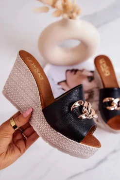 Sale Skórzane Klapki Na Koturnie Lewski 3062 Czarne Damskie Klapki Na Koturnie|Klapki Na Obcasie