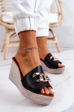 Sale Skórzane Klapki Na Koturnie Lewski 3062 Czarne Damskie Klapki Na Koturnie|Klapki Na Obcasie