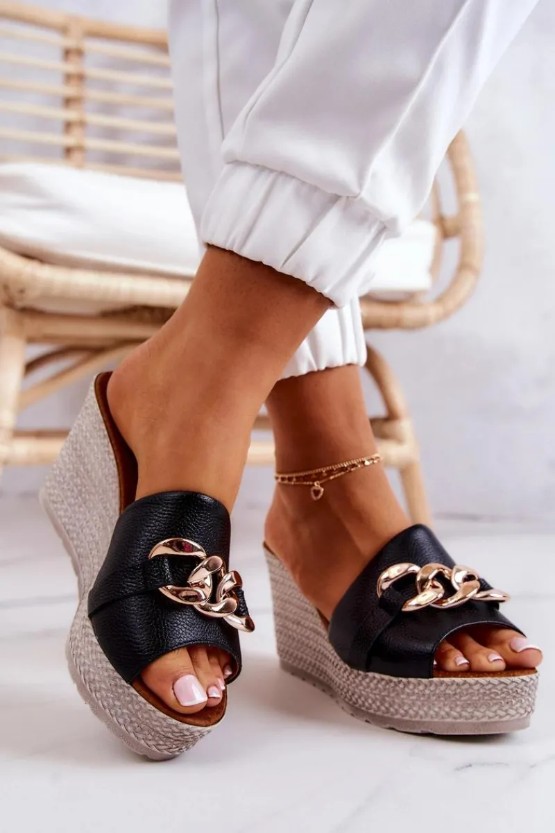 Sale Skórzane Klapki Na Koturnie Lewski 3062 Czarne Damskie Klapki Na Koturnie|Klapki Na Obcasie