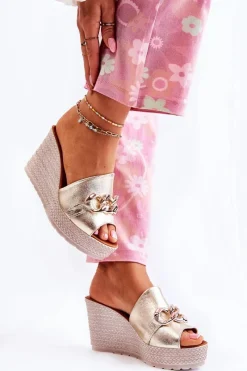 Klapki Na Koturnie|Klapki Na Obcasie>Boto Skórzane Klapki Na Koturnie Lewski 3062 Złoto-Szare