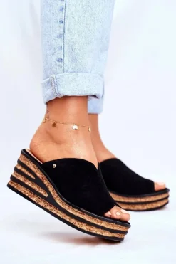 Klapki Na Koturnie|Klapki Na Obcasie>Boto Skórzane Klapki Na Koturnie Czarne Nicole 2559