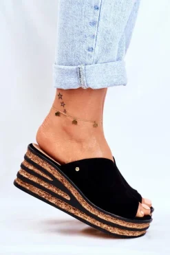 Klapki Na Koturnie|Klapki Na Obcasie></noscript>Boto Skórzane Klapki Na Koturnie Czarne Nicole 2559