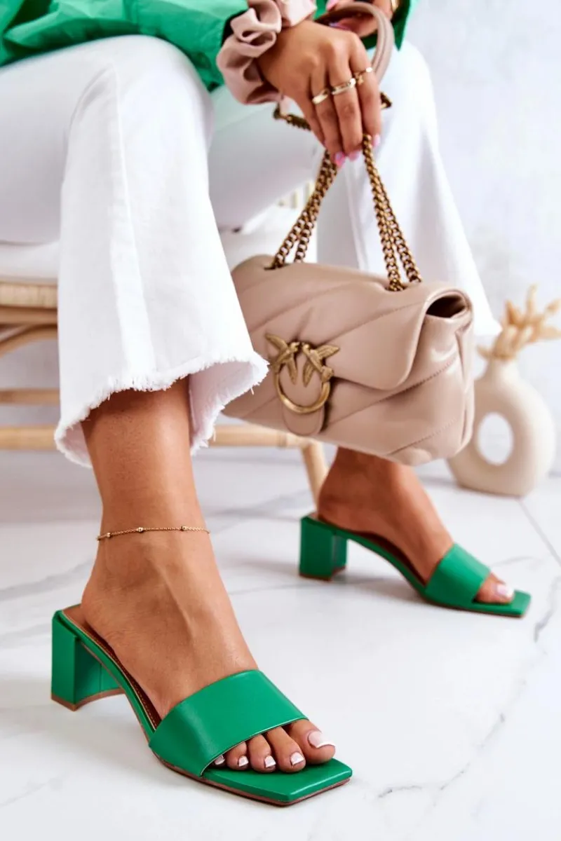 Klapki Na Obcasie|Klapki Damskie Klasyczne>Boto Skórzane Klapki Na Obcasie Zielone Netty