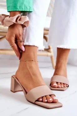 New Skórzane Klapki Na Obcasie Beżowe Netty Damskie Klapki Na Obcasie|Klapki Damskie Klasyczne