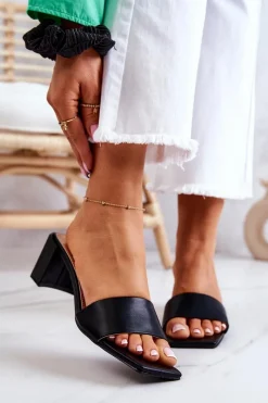 Hot Skórzane Klapki Na Obcasie Czarne Netty Damskie Klapki Na Obcasie|Klapki Damskie Klasyczne