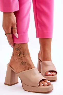 Clearance Skórzane Klapki Na Obcasie Beżowe Livesa Damskie Klapki Na Obcasie|Klapki Damskie Klasyczne