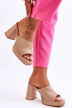 Clearance Skórzane Klapki Na Obcasie Beżowe Livesa Damskie Klapki Na Obcasie|Klapki Damskie Klasyczne