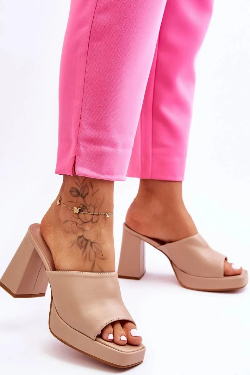 Clearance Skórzane Klapki Na Obcasie Beżowe Livesa Damskie Klapki Na Obcasie|Klapki Damskie Klasyczne