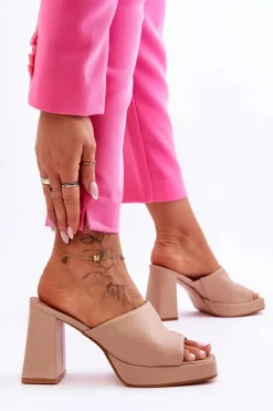 Clearance Skórzane Klapki Na Obcasie Beżowe Livesa Damskie Klapki Na Obcasie|Klapki Damskie Klasyczne