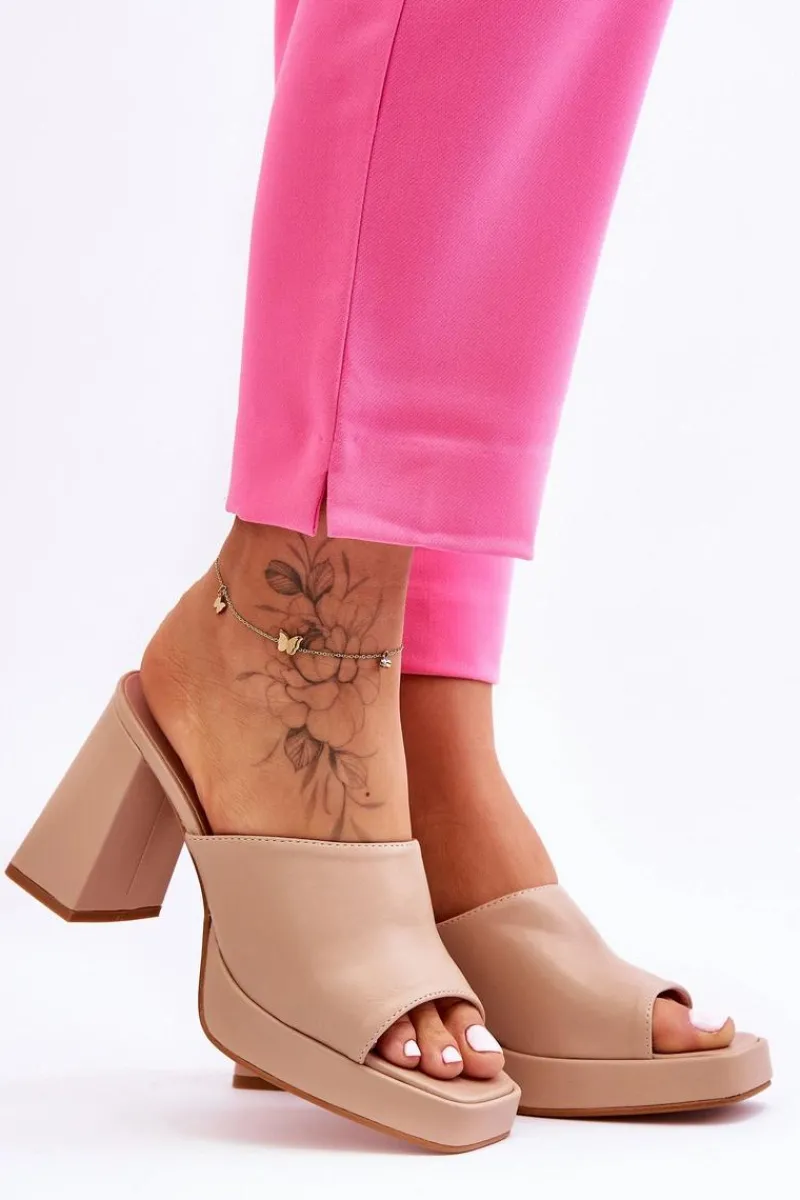 Clearance Skórzane Klapki Na Obcasie Beżowe Livesa Damskie Klapki Na Obcasie|Klapki Damskie Klasyczne