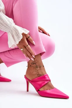 Outlet Skórzane Klapki Na Szpilce Fuksja Aveline Damskie Klapki Na Obcasie|Klapki Damskie Klasyczne