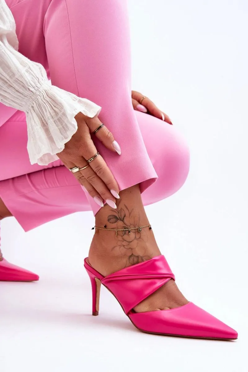 Outlet Skórzane Klapki Na Szpilce Fuksja Aveline Damskie Klapki Na Obcasie|Klapki Damskie Klasyczne