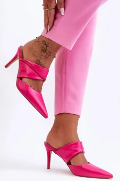 Outlet Skórzane Klapki Na Szpilce Fuksja Aveline Damskie Klapki Na Obcasie|Klapki Damskie Klasyczne