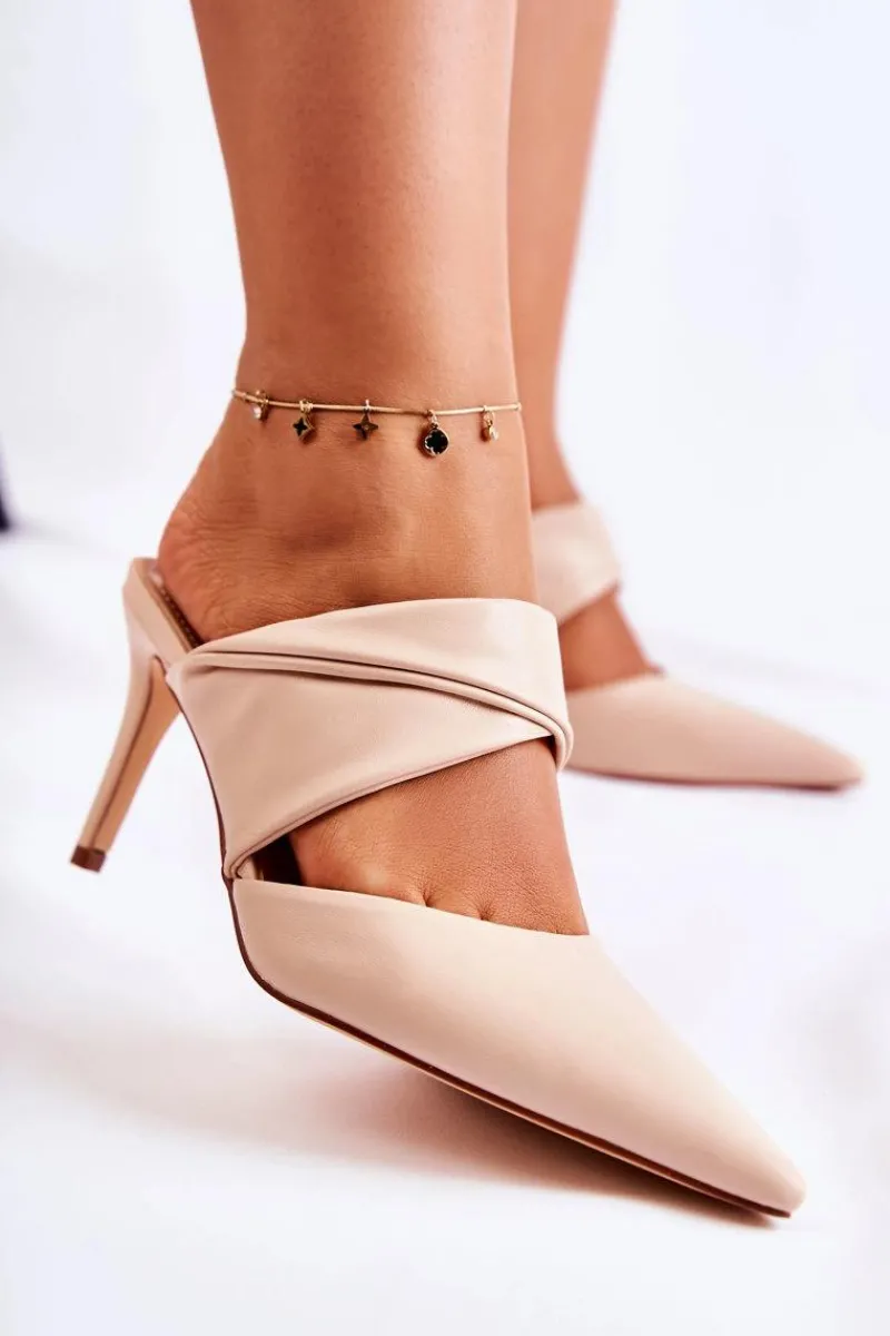 Outlet Boto Skórzane Klapki Na Szpilce Beżowe Aveline