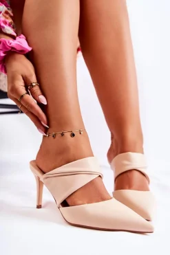 Outlet Boto Skórzane Klapki Na Szpilce Beżowe Aveline