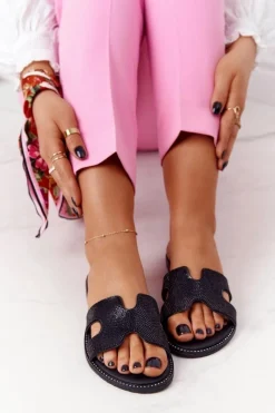 Skórzane Klapki Z Cyrkoniami Czarne Modena Damskie Klapki Damskie Klasyczne