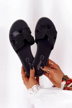 Skórzane Klapki Z Cyrkoniami Czarne Modena Damskie Klapki Damskie Klasyczne