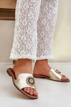 Klapki Damskie Klasyczne>Boto Skórzane Klapki Z Ozdobą Na Płaskim Obcasie Zazoo 3047/O Złote Złoty