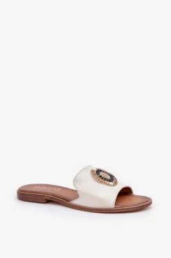 Klapki Damskie Klasyczne></noscript>Boto Skórzane Klapki Z Ozdobą Na Płaskim Obcasie Lewski 3047/O Przecierany Złoty