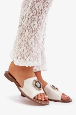 Klapki Damskie Klasyczne></noscript>Boto Skórzane Klapki Z Ozdobą Na Płaskim Obcasie Lewski 3047/O Przecierany Złoty