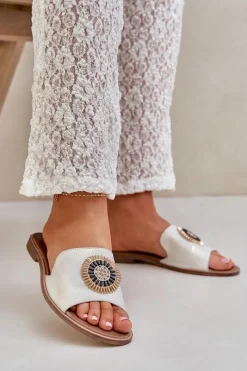 Klapki Damskie Klasyczne></noscript>Boto Skórzane Klapki Z Ozdobą Na Płaskim Obcasie Lewski 3047/O Przecierany Złoty