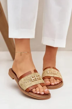 Best Skórzane Klapki Z Ozdobnym Detalem I Plecionką 40426 Brązowe Damskie Klapki Damskie Klasyczne