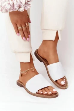 Skórzane Klapki Z Pikowaniem Nicole 2650 Białe Damskie Klapki Damskie Klasyczne