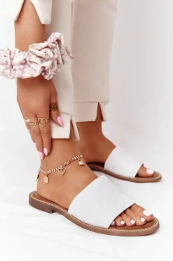 Skórzane Klapki Z Pikowaniem Nicole 2650 Białe Damskie Klapki Damskie Klasyczne