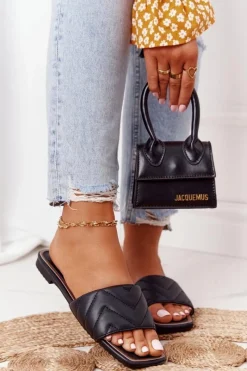 Outlet Skórzane Klapki Z Pikowaniem S.Barski 331-42 Czarne Damskie Klapki Damskie Klasyczne