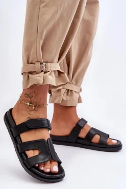 Best Boto Skórzane Klasyczne Klapki Damskie Na Rzep Czarne Amedon