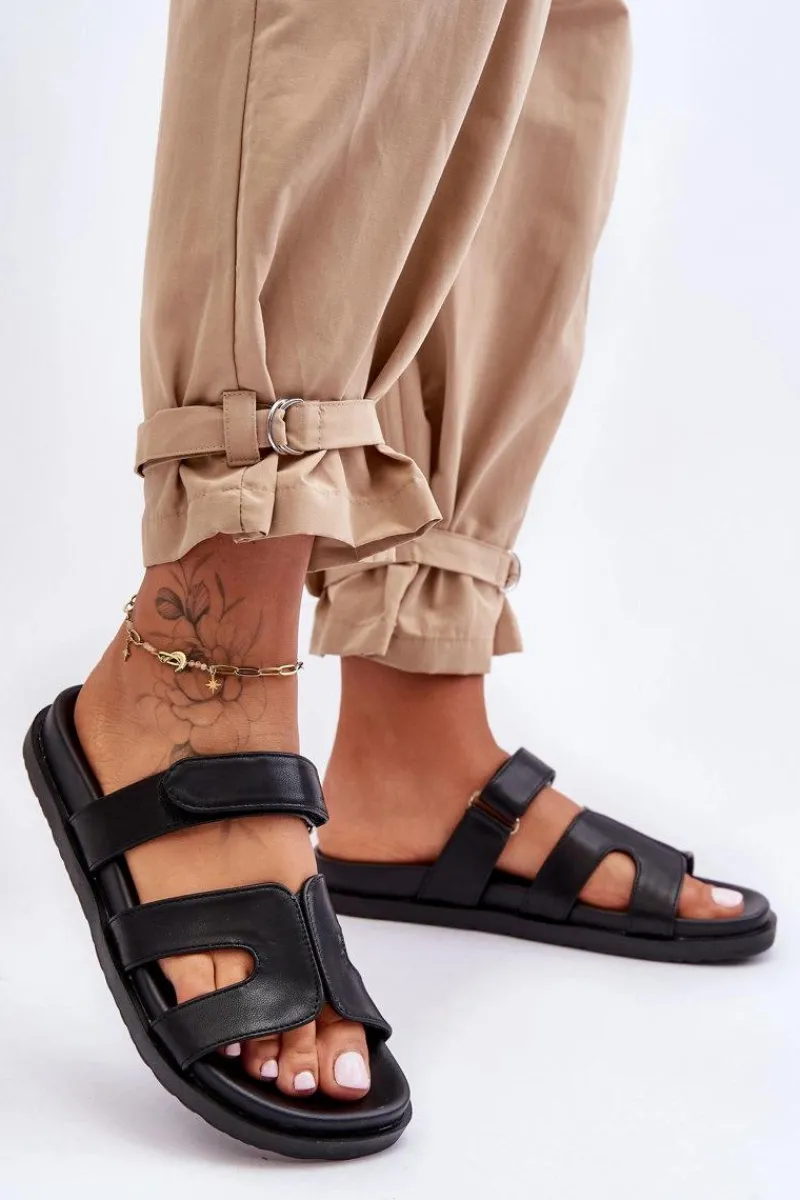 Best Boto Skórzane Klasyczne Klapki Damskie Na Rzep Czarne Amedon