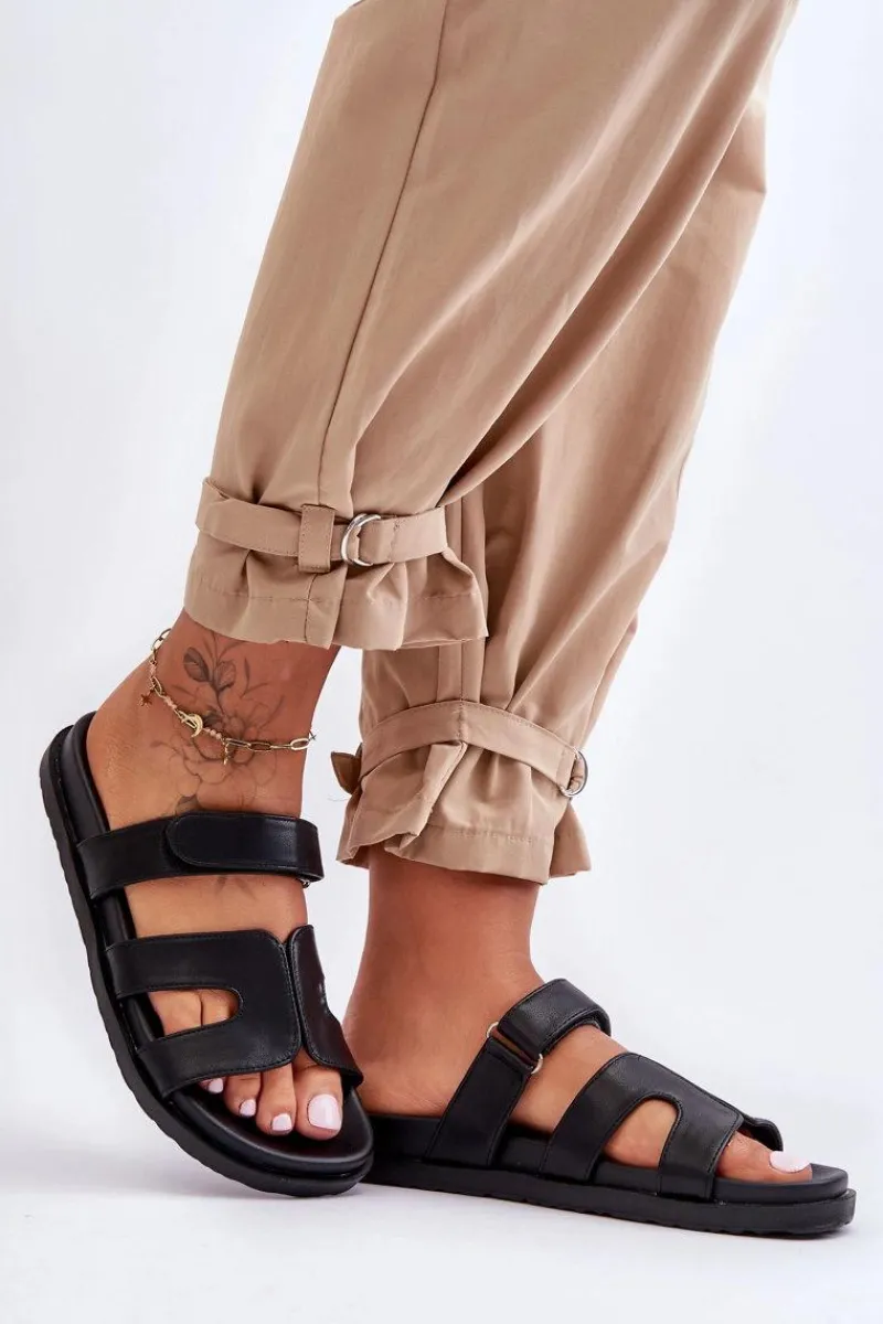 Best Boto Skórzane Klasyczne Klapki Damskie Na Rzep Czarne Amedon