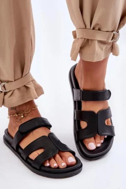 Best Boto Skórzane Klasyczne Klapki Damskie Na Rzep Czarne Amedon