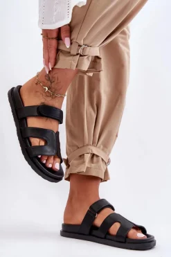 Best Boto Skórzane Klasyczne Klapki Damskie Na Rzep Czarne Amedon