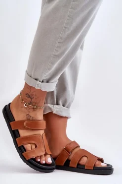 Hot Skórzane Klasyczne Klapki Damskie Na Rzep Brązowe Amedon Damskie Klapki Na Platformie|Klapki Damskie Klasyczne